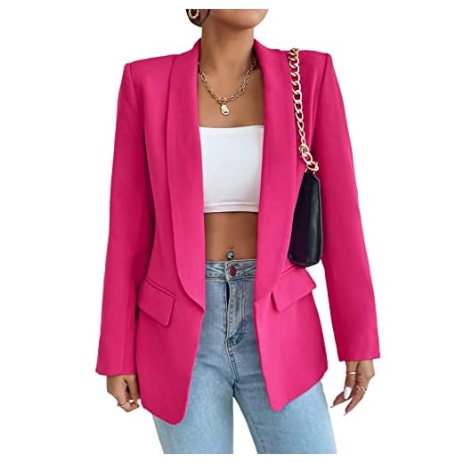 MakeMeChic Women's Open Front Shawl Collar Long Sleeve Blazer Jacket Coat A Hot Pink S