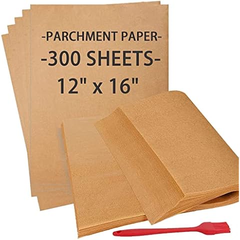 Parchment Paper, 300 PCS Parchment Paper Sheet 12×16 Inch, YULEER Unbleached Parchment Paper with a Silicone Brush, Suitable for Baking, Cooking, Steaming, Air Fryer, Grilling, Roasting, Cookies Cover
