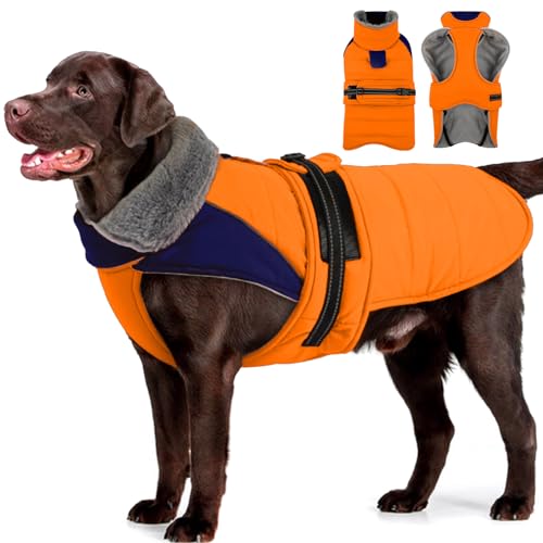 Image of MIGOHI Dog Winter Coat - Reflective Medium Dog Snow Jacket with Thick Turtleneck,Windproof Pet Fleece Vest, Cold Weather Coat for Medium Dogs, Snowproof for Hiking,Camping,L,Orange