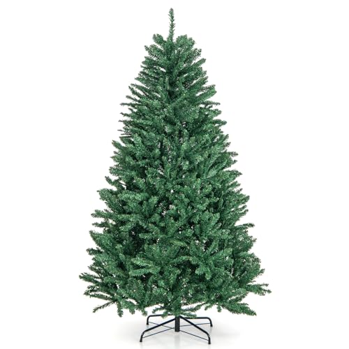 COSTWAY 6FT/7.5 FT Christmas Tree, Hinged Full Tree with Lush Branch Tips and Folding Metal Stand, Artificial Xmas Trees for Indoor Outdoor Decor(Green,6 FT)
