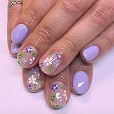 Purple Press on Nails Short Round False Nails with Flower Designs Cute Fake Nails Glossy Flower Glue