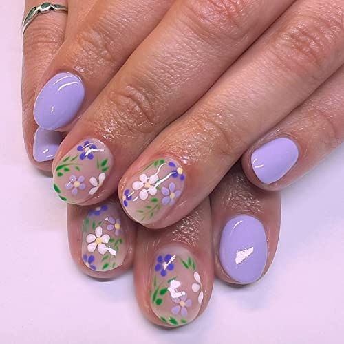 Purple Press On Nails Short Round False Nails With Flower Designs Cute Fake Nails Glossy Flower Glue On Nails Summer Acrylic Nails Full Cover Extra Short Nails Press On Stick On Nails For Women Girls #TOP8