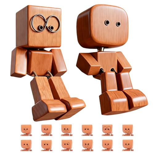 HEUIOP 2 Pcs Shaking Wooden Man Figurine with 12 Magnetic Expressions,Handmade Wooden Man with Wobbly Legs for Car,Creative Dashboard Bobblehead for Drivers Friends & Desk Decor