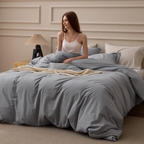 Bedsure 100% Washed Cotton Duvet Cover King Size - Grey Minimalist Bedding Set Linen Like - PureWoven Plain Simple & Soft Comforter Cover for All Seasons, 3 Pieces (Grey, King, 104"x90")