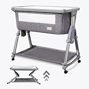 Baby Bassinet Bedside Sleeper for Baby, Li’l Pengyu Foldable Bassinet with Rocking Cradle Mode, Free-Installation & Quick-Folding Bedside Crib, Come with Comfy Mattress and Portable Bag (Cloth)