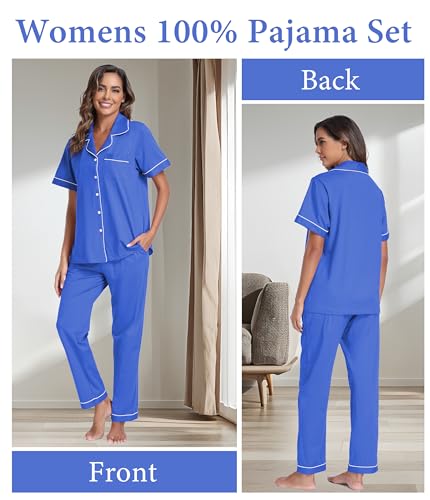 Image of CF Womens 100% Cotton Pajamas Set Button Down Pjs Sets Short Sleeve Top & Long Pants Sleepwear Comfy Loungewear with Pockets