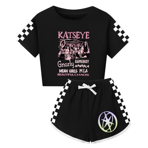 TBNRFrags Katseye Girls Short Sleeve T-Shirt and Shorts Clothes Set Graphic Music Fans Print Outfit For Kids Ages 3-13 Years (Black 11-12 Years)