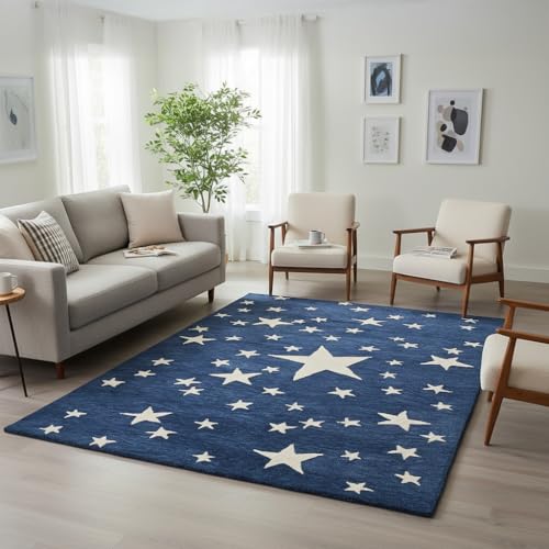 Image of Hand-Tufted Star Wool Area Rug for Kids | Starry Night Design, Soft and Durable and Thick Carpet | Perfect for Living Room, Kids Room, Bedroom & Kitchen (Navy Blue, 3' x 5')