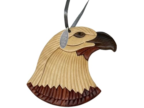 Two-Tone Intarsia Wood Bald Eagle Ornament 2026, Handcrafted Solid Piece - Great Air Force, Bald Eagle Gifts for Men, or Scout Ornament - 3" Size - Comes in Gift Box