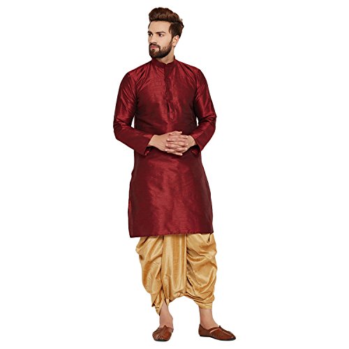 Image of SOJANYA (Since 1958 Men's Off-White and Gold Dupion Silk Dhoti Kurta Set