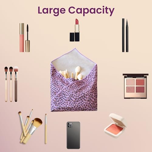 Image of Self-Adhesive Magic Cloth Portable lazy Makeup Bag Cosmetic Pouch Widely Used for Camera Lens Wrap,Protective Cover Laptop Sleeve,Folding,Washable(17.7 inch X 17.7 inchPurple Leopard)