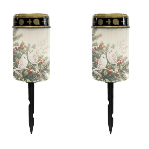 Image of 2 Pack Christmas Solar Memorial Lights for Graves | Holly berry owl, Xmas solar powered grave lights, waterproof led flameless candle for prayer grave lights for cemetery decor