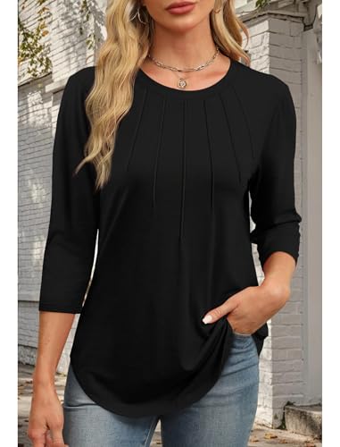 3/4 Length Sleeve Womens Tops Round Neck Casual Tunic Tops Basic Pleated Shirts Loose Fit 2025