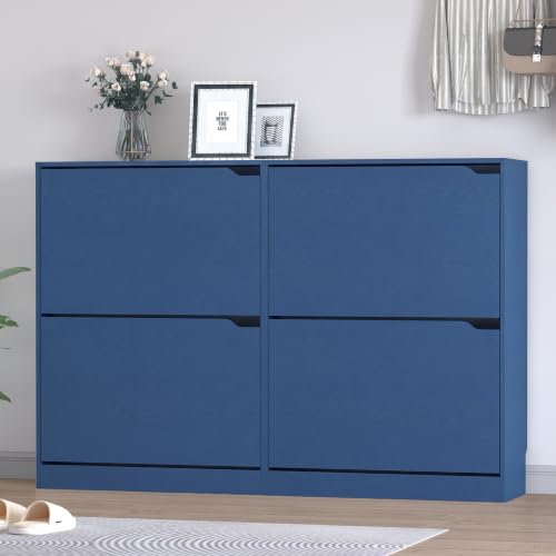 Image of BORNOON Shoe Cabinet with 4 Flip Drawers, Narrow Hidden Shoe Storage Cabinet, Slim Freestanding Shoe Rack Organizer for Entryway, Hallway, Bedroom, Living Room