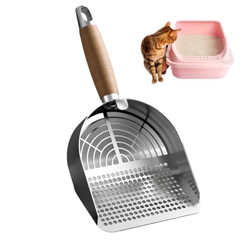 Stainless Steel Cat Litter Scoop with Hook – 2 Size Sifter, Deep Shovel & Quick-Filter Design – Durable Kitty Pooper Scooper for Litter Box (Grid-Type(Suitable for fine cat Litter))