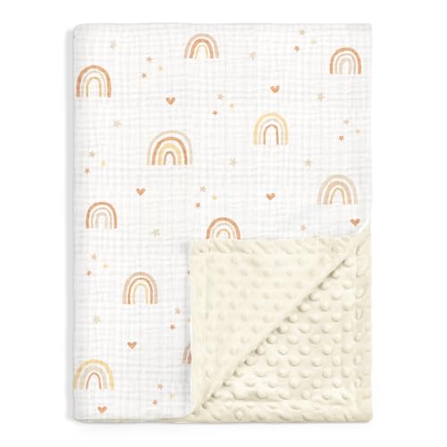 Image of Rainbow Baby Blankets for Girls, Soft Nursery Minky Blankets with Muslin and Dotted Fleece Back 30x40 inches, Receiving Bed Quilt for Newborn, Infants, Toddlers