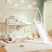 GYMAX Metal Kids Bunk Bed, Children Loft Bed with Slide, Safety Guardrail & Ladder, House Shaped Toddler Bedframe for Boys Girls, No Box Spring Needed (White, 196 x 195 x 179 cm)
