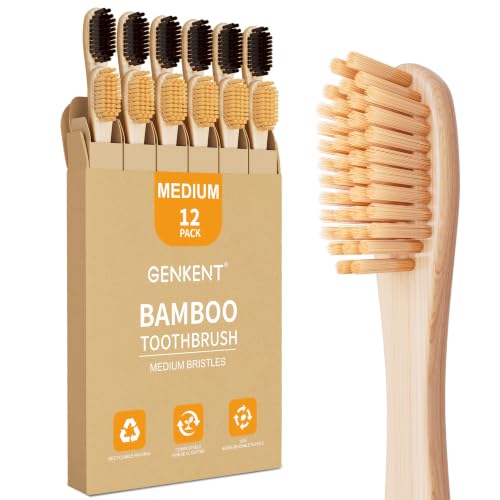 GENKENT Bamboo Toothbrushes Medium Bristle for Adults, 12 Pack, 0.2mm Bristles