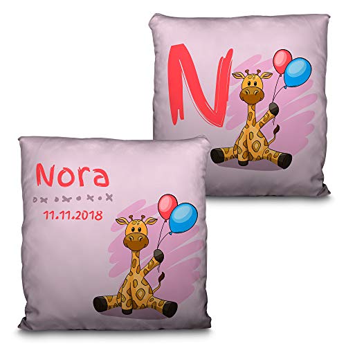 LolaPix Cojín Personalizado Nombre bebé. Regalo bebé. Regalo Personalizado con Nombre. Fecha/Inicial. Cojín con Relleno Incluido. Varios diseños. Bebé Jirafa Rosa