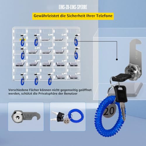 VEVOR Handy-Aufbewahrungsspind, 20 Fächer aus Acrylmaterial mit Türschlössern und Schlüsseln, Wandmontierter Schrank, Taschenbüro, Klassenzimmer, Fitnessstudio, Box, Transparent