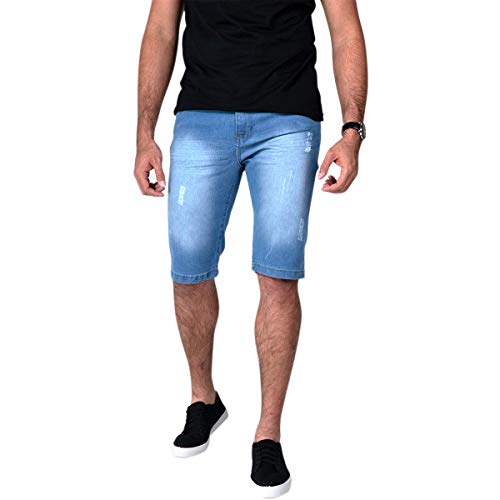 Kit c/ 2 Bermudas Masculinas Jeans e Sarja Coloridas com Lycra - Jeans Claro e Escuro - 42
