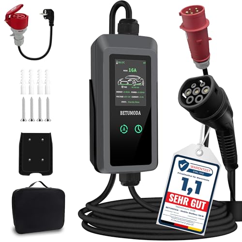 Mobile Wallbox/Ladestation 11kW [3-Phasig, 7m, Einstellbare Ladeleistung] CEE 8-16A auf Typ 2 EV Ladegerät mit Flexibler Ladeleistung für Elektroautos Tesla Model 3/Y, VW ID.3/4/5 & andere EV