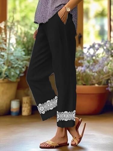 Wide Leg Linen Pants for Women Plus Size Summer Boho Floral Pants Drawstring Elastic Waist Palazzo Pants2