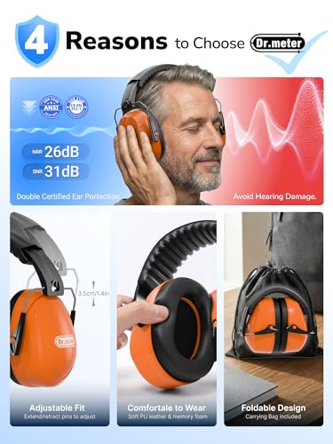 Image of Dr.meter Noise Reduction Ear Muffs, Ear Protection Noise Cancelling Headphones for Adults, Kids Autism Sensory, 31dB Hearing Protection Earmuffs for Shooting Gun Range, Mowing, Fireworks, Orange