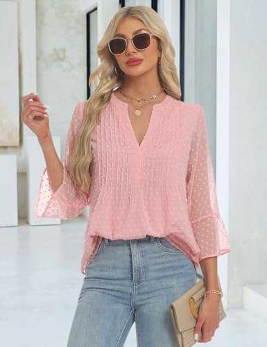 AIMCOO Blouses for Women Dressy Casual V Neck Tunic Flowy 3/4 Bell Sleeve Tops for Women Summer Chiffon Double Layer Top Loose Fitt Office Shirt Pink Medium — view 4