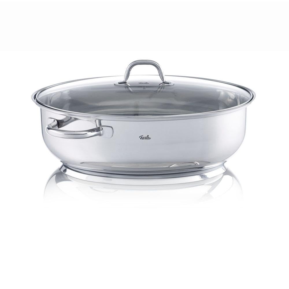 Cocotte en acier inoxydable 38 cm avec couvercle en verre, fourchette à viande et louche à soupe