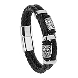 MOTIBACK Pulsera de piel para hombre, cordón de cuero negro trenzado a mano con anillo de tótem y cierre magnético, 21 cm, pulsera de cuero y acero inoxidable