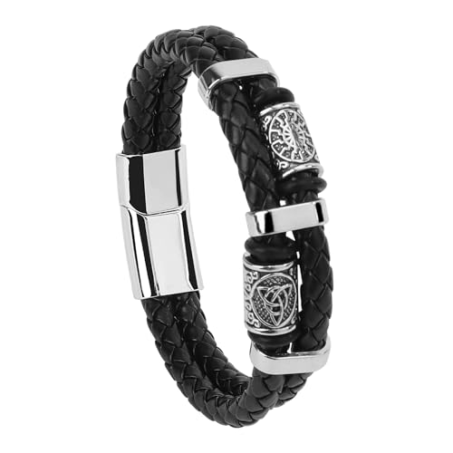 Image of MOTIBACK Men Leather Bracelet, Multi-Layer Silver Black Bracelet