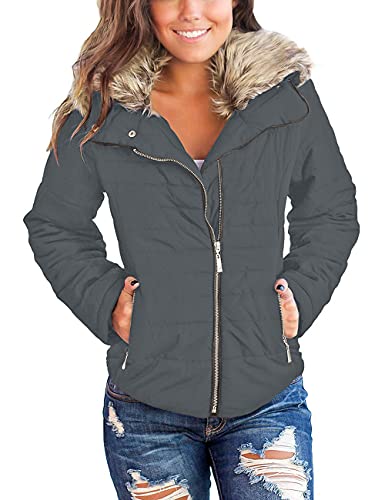 Vetinee Women Casual Faux Fur Lapel Zip Pockets Quilted Parka Jacket Puffer Coat Grey Large (Fits US 12-US 14) Vetinee Women Casual Faux Fur Lapel Zip Pockets Quilted Parka Jacket Puffer Coat Grey Large (Fits US 12-US 14)