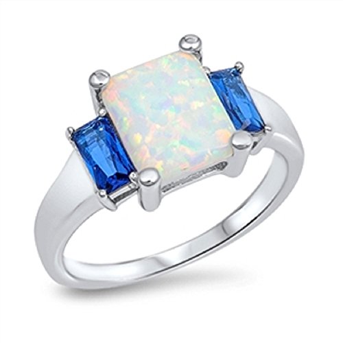 CloseoutWarehouse Princess Center Cubic Zirconia Simulated Opal Ring 925 Sterling Silver