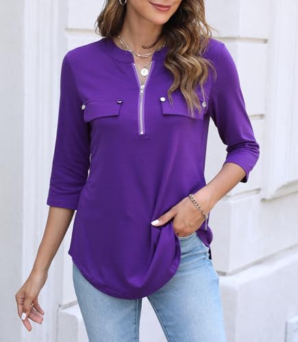LuckyMore Women's 3/4 Sleeve Tops Zip V Neck Dressy Business Casual Work Blouses Shirts2