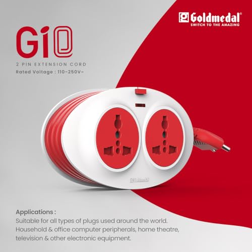 Goldmedal Gio 2-Pin Extension Cords (White and Red) – Pack of 1, with Indicator & International Sockets, Heavy-Duty 2.5-Meter Cable for Home and... - Image 6