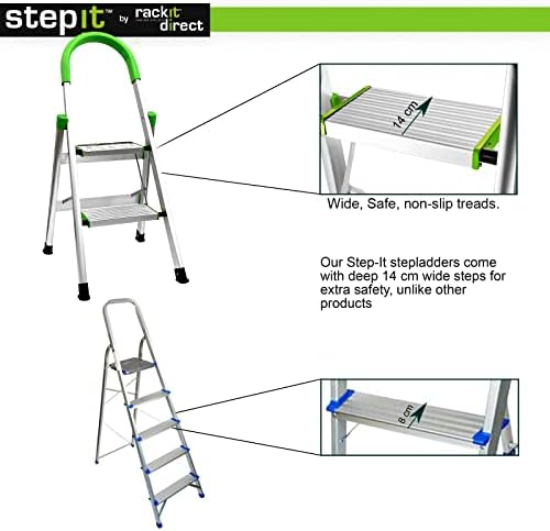 StepIt 2 Step Ladder - Portable Folding Aluminium Two Step Ladder with Deep Steps | 3 Year Warranty | Anti-Slip Soft Grip Step Ladders with Rubber Hand Grip | 150kg Capacity - Small Step Ladder