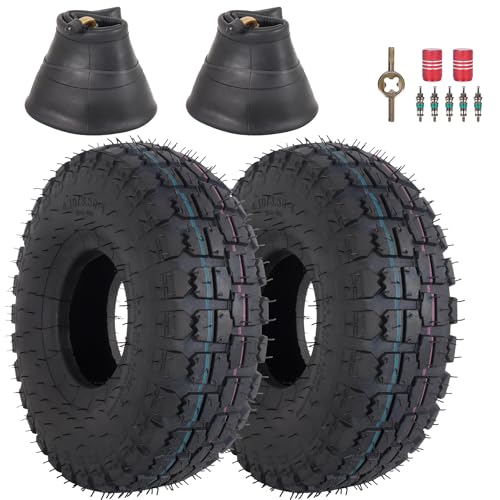 Image of 2PCS 4.10/3.50-4 Replacement Tyre and Inner Tube Set with Bent Valve Stem, 10x350-4 Heavy Duty Wheelbarrow Replacement Parts for Lawn Mower, Handcart, Snowblower, Go Kart, ATV