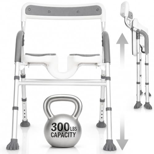 Vive Shower Chair for Elderly & Disabled - Handicap Bath Chair with Arms & U-Shape - Foldable Adjustable Height - Padded Soaking w/Back & Drain Hole - Portable Non-Slip Safe Disability Aid
