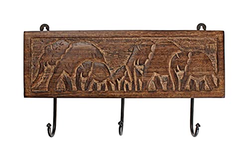 Ajuny Wooden Cloth Hooks Wall Mounted Coat Rack 3 Hooks with Elephant Carving for Hanging Clothes Robes Towels Coats, Key Hooks for Entryway Bathroom Bedroom Home Decor Gifts - 15 x 4.5 Inch
