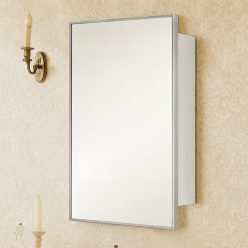 Image of TEHOME 24'' x 30'' Brushed Nickel Recessed and Surface Mount Bathroom Nickel Medicine Cabinet with Mirror Square Cornered Metal Framed Rounded Rectangle Medicine Cabinet Mirror