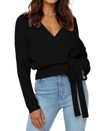 Women’s Cropped Sweater V-Neck Wrap Sweater Long Sleeve Ribbed Knit Pullover with Side Tie Fall Winter Outfits 2025