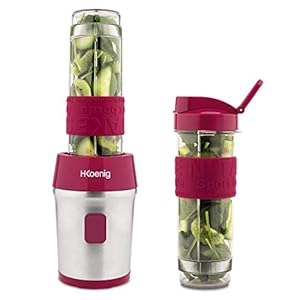 H.Koenig frambozenrood Mini-Blender/Smoothiemaker SMOO10, bpa-vrij, 300 W, 2 Flessen van 570ml met Reisdeksel