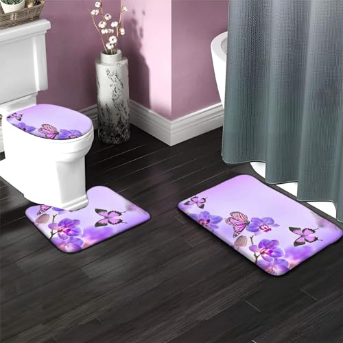 rutschfeste Badematte Sets Lila Rosa Schmetterling 3-Teiliges Badezimmerteppich-Set Weich Badteppich Schnell Trocknend Badvorleger mit WC Deckelbezug – Bild 5