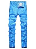 Mens Disco Faux Leather Skinny Pants for Men Stretch Slim Fit Costume Night Club Theme Party Shine Blue