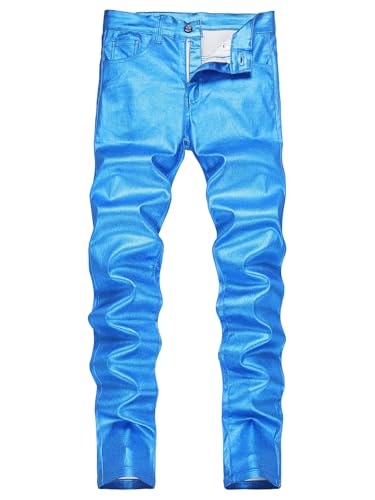 Mens Disco Faux Leather Skinny Pants for Men Stretch Slim Fit Costume Night Club Theme Party Shine Blue