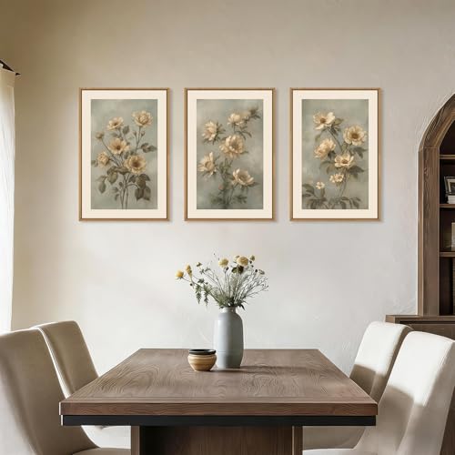 Image of KAIRNE Vintage Botanical Flower Framed Canvas Wall Art Set,Boho Green Beige Floral Wall Decor,Rustic Wildflower Art Prints,Modern Minimalist Artwork for Living Room,Bedroom,Farmhouse,Office-24 x36 x3