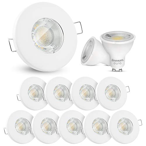 10x linovum® LED Einbaustrahler Set 3W flach IP65 weiß mit Wasserschutz für Bad, Dusche, Außen inkl. GU10 LED Lampe warmweiß