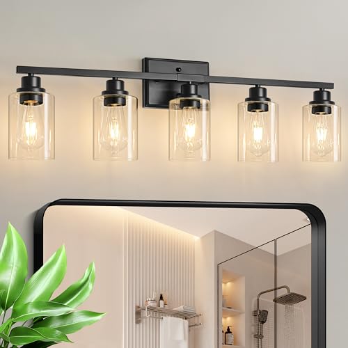 Image of Unicozin Modern Bathroom Light Fixtures, 5 Light Vanity Lights Over Mirror, Black Wall Lamp with Clear Glass for Living Room Cabinet Bedroom Porch