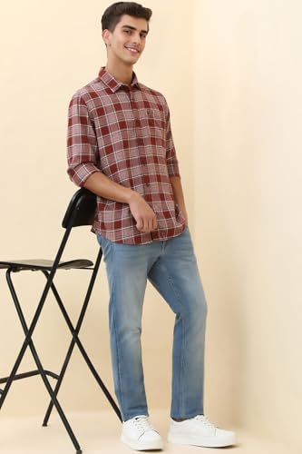 Image of Allen Solly Men Maroon Check Full Sleeves Casual Shirt